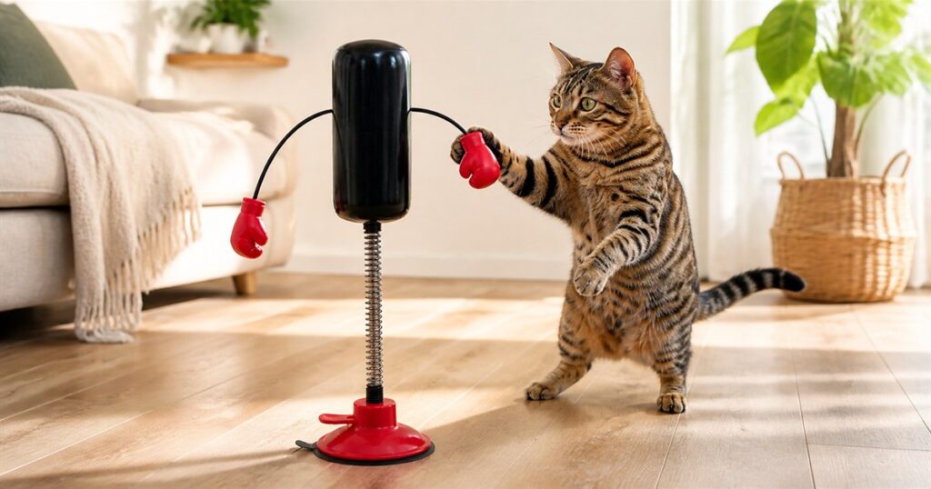 Portable cat punching bag toy with suction cup base and dangling boxing gloves