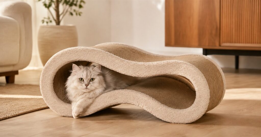 Pet JoJo Cloud Lounge beige sculptural cat scratcher and lounger in a modern room