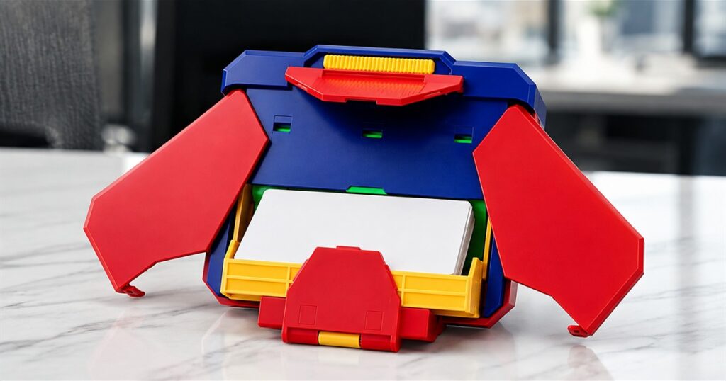 Bandai automatic transforming business card case opened on a desk