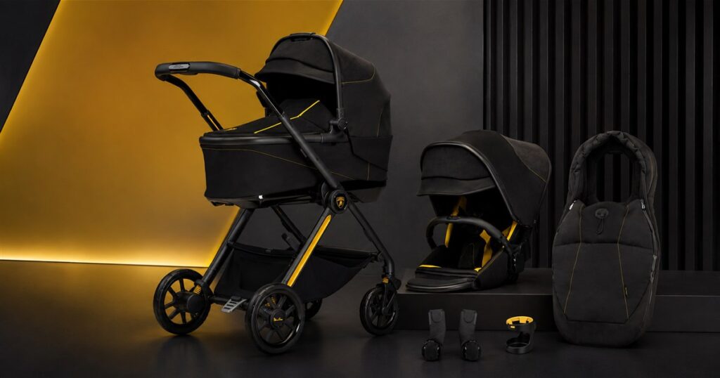 Silver Cross x Lamborghini Reef AL Giallo luxury stroller bundle in a dark studio