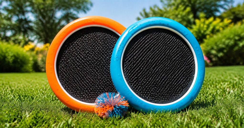 OgoDisk Mini orange and teal trampoline discs with OgoSoft ball on grass