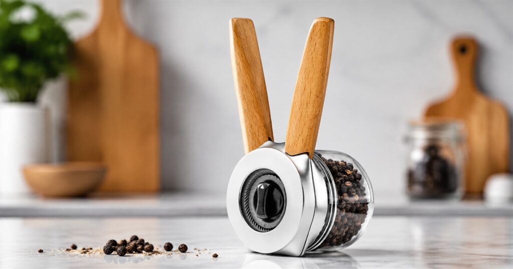 Dreamfarm Ortwo pepper and spice grinder with beechwood handles on a kitchen counter