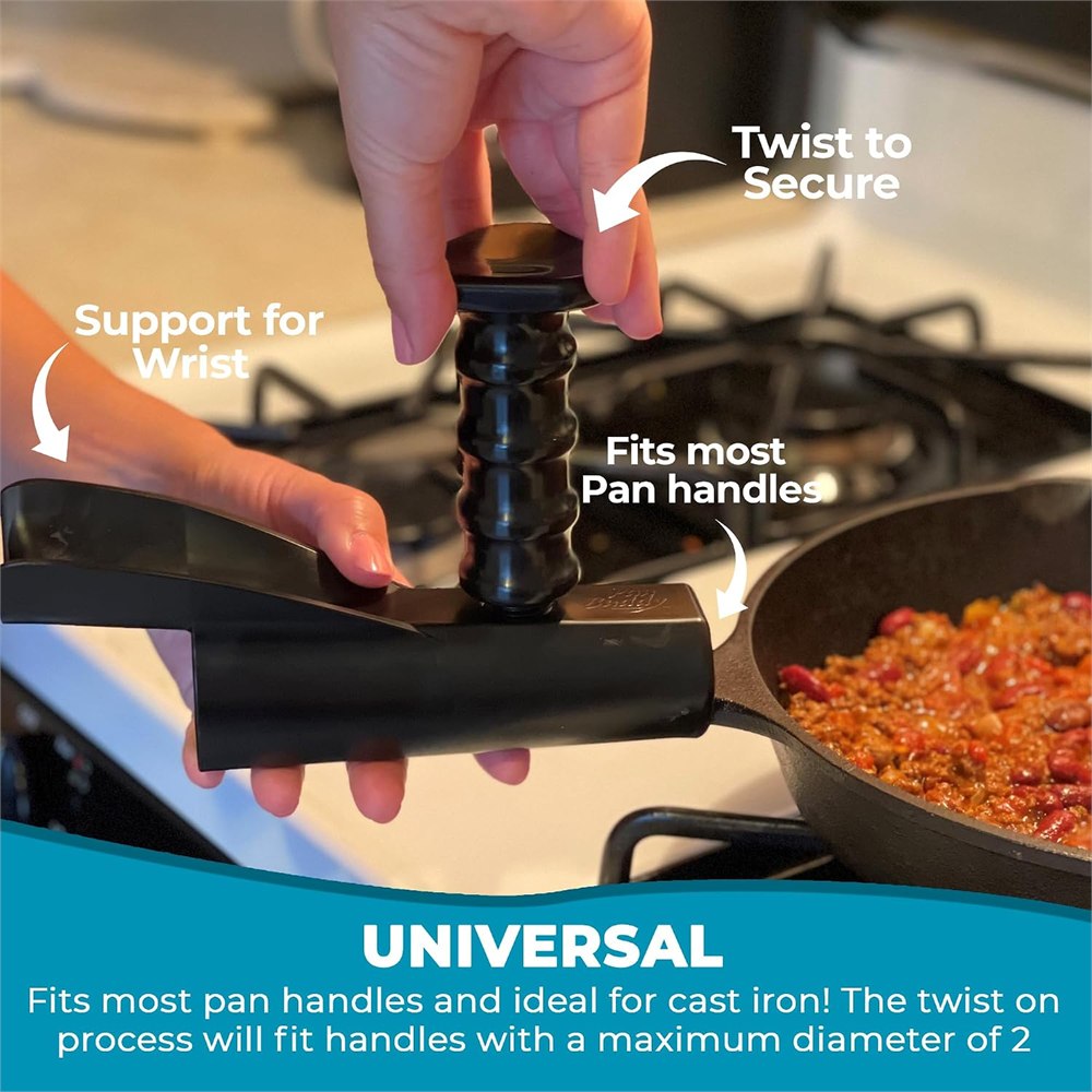 Blue Pan Buddy attached to a skillet on a stovetop