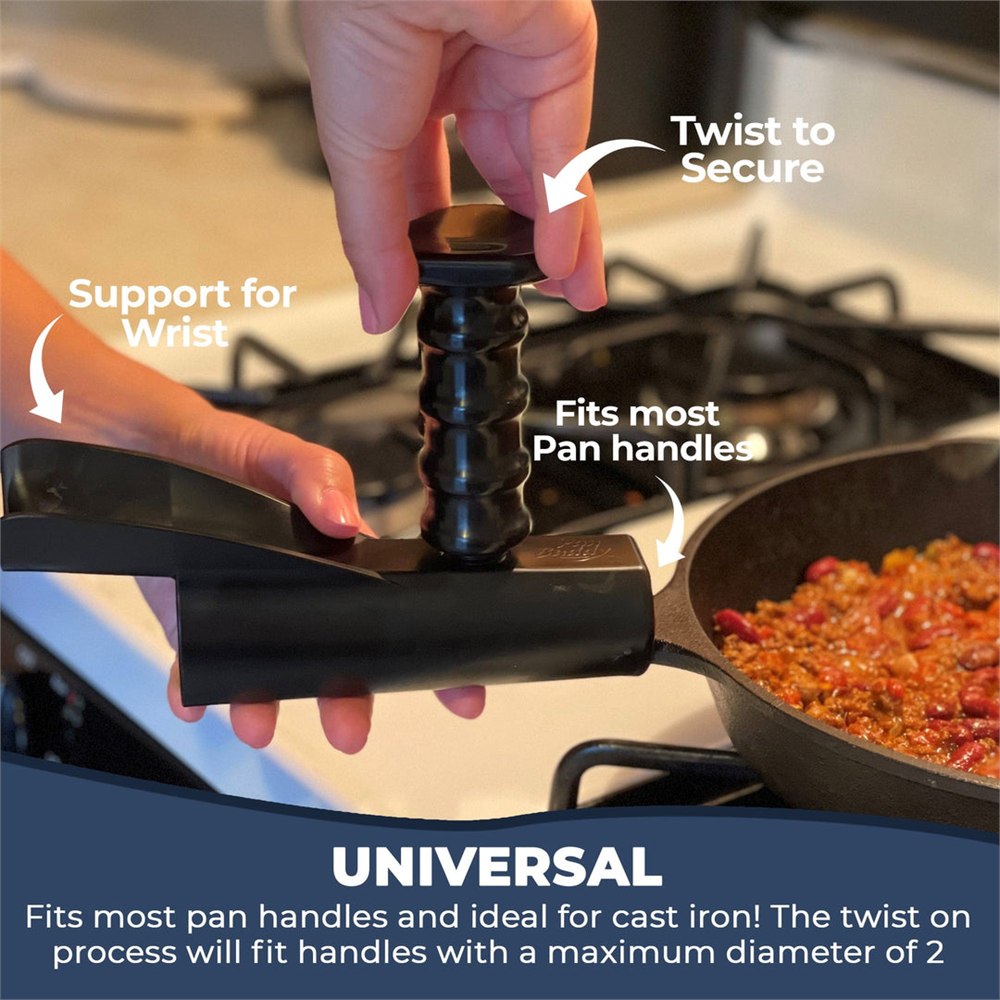 Pan Buddy twist-to-secure grip attached to a skillet handle