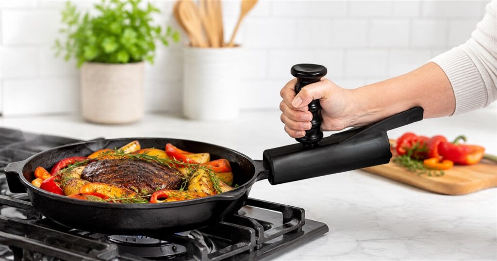 Pan Buddy vertical pan handle attachment on a cast iron skillet