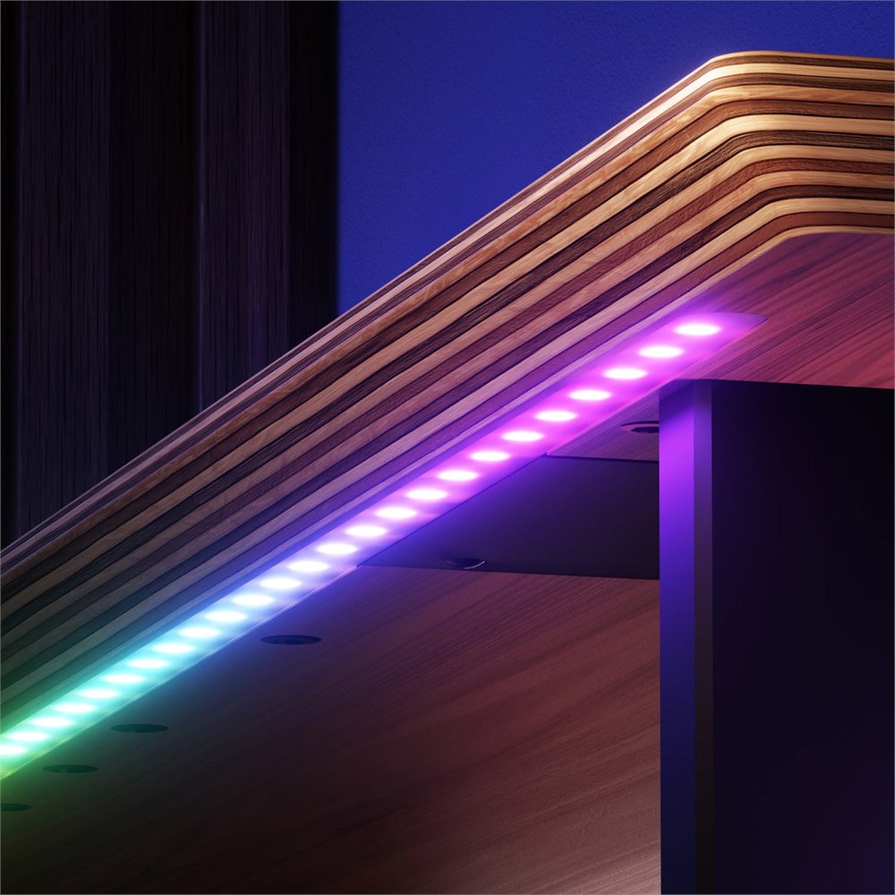 Underside LEDs and layered wood edge of the monitor stand