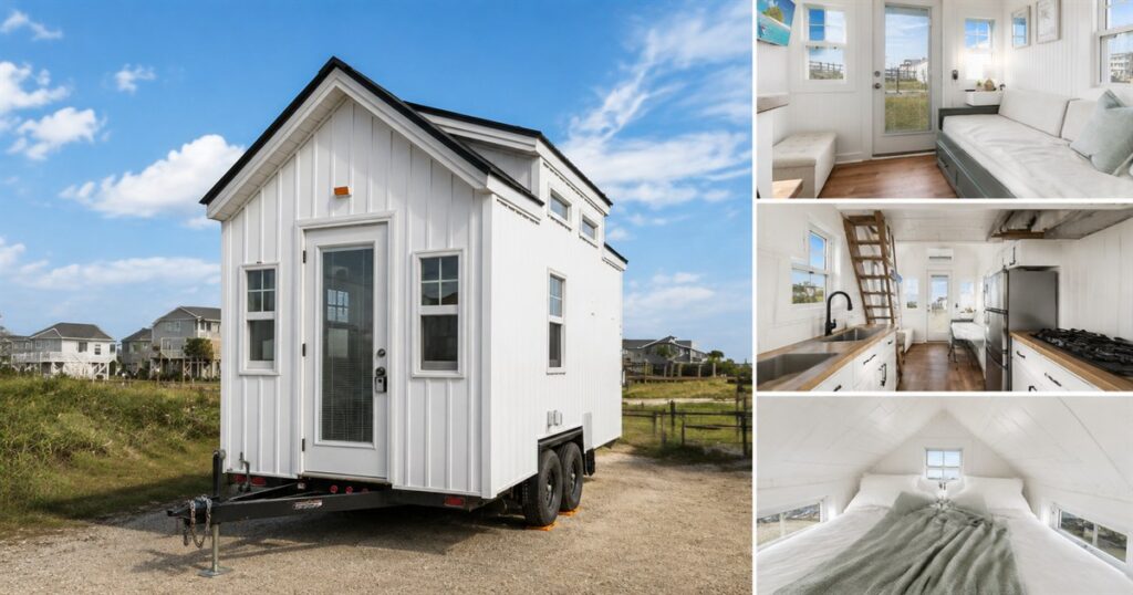 Petite Pelican 16-foot white tiny house on wheels with interior views