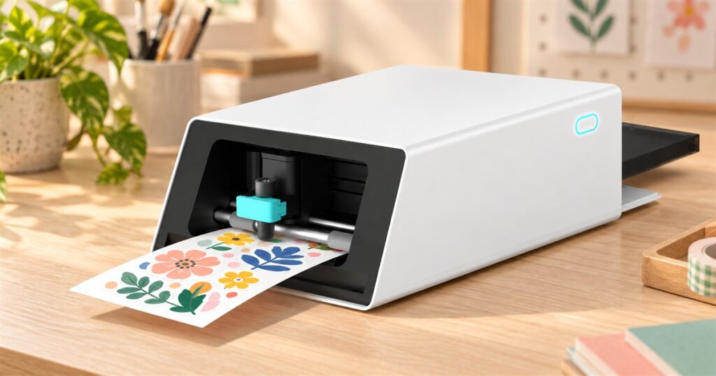 Photo sticker printer and cutter with a colorful sticker sheet