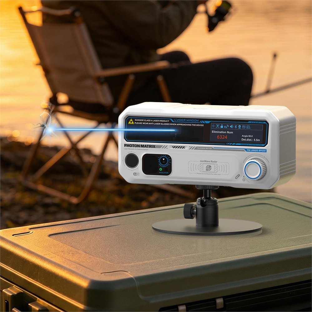 Photon Matrix blue laser mosquito defense operating at a nighttime campsite