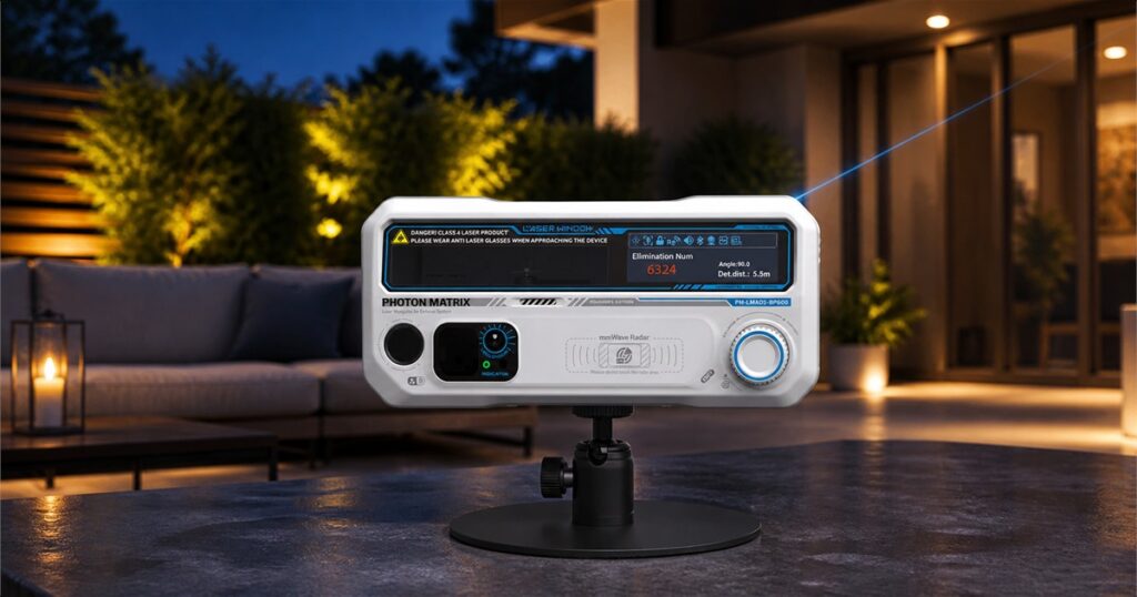 Photon Matrix blue laser mosquito defense system on an outdoor patio at dusk