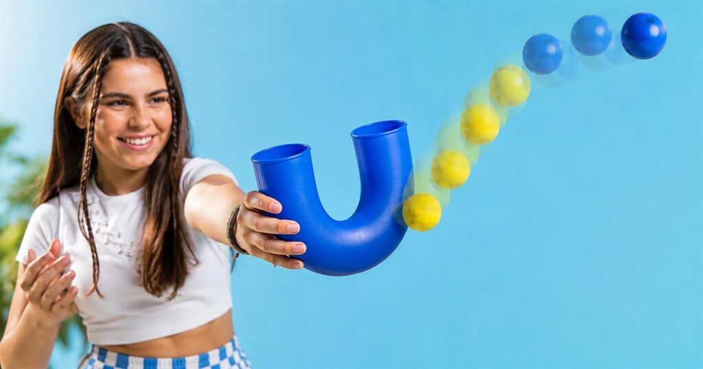 Pindaloo looping ball skill game with blue curved tube and balls