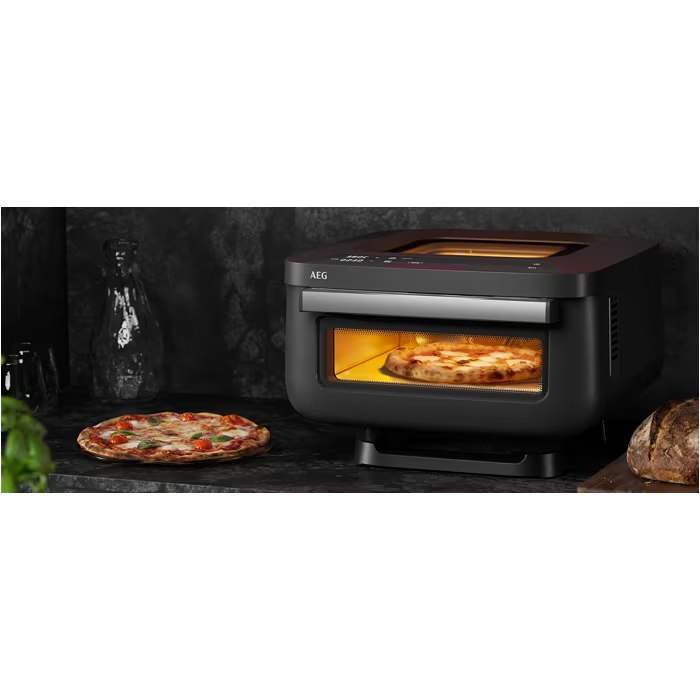 AEG pizza oven cooking a pizza with front and top viewing windows