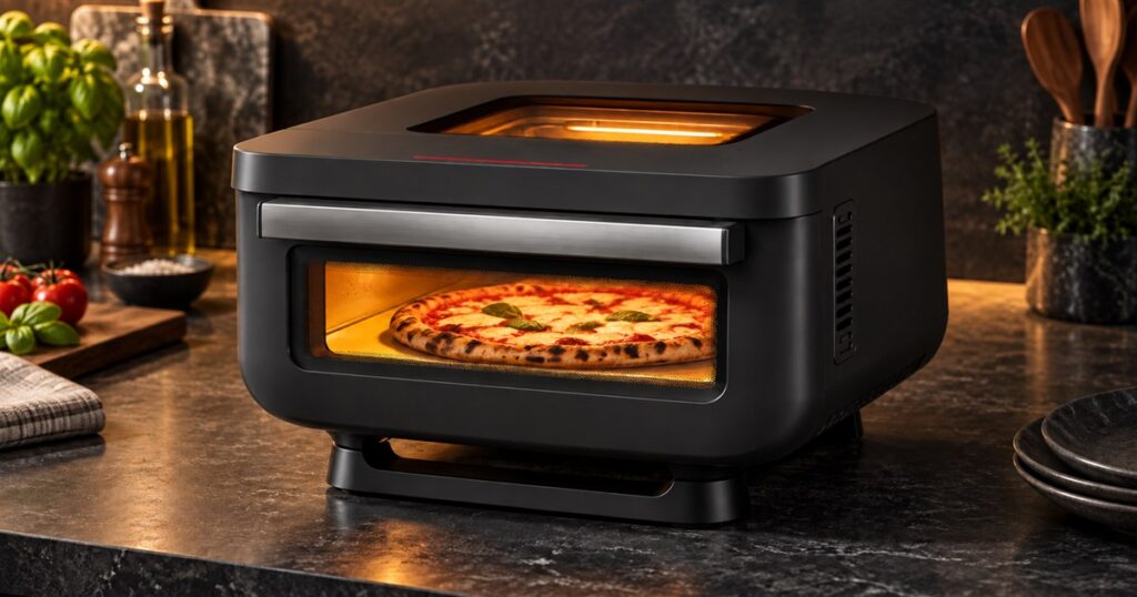 AEG countertop pizza oven with front and top viewing windows