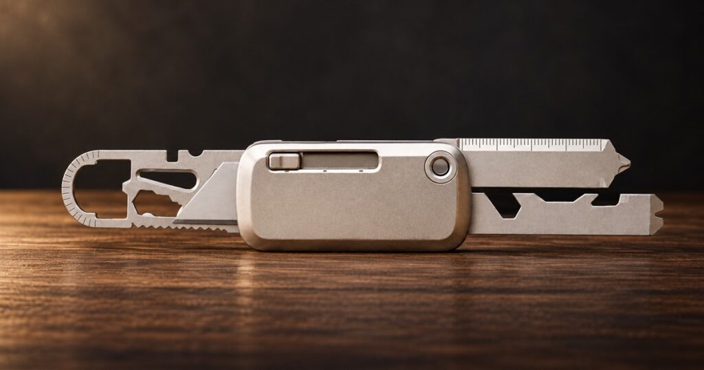 Silver pocket multitool with its sliding tool plates extended