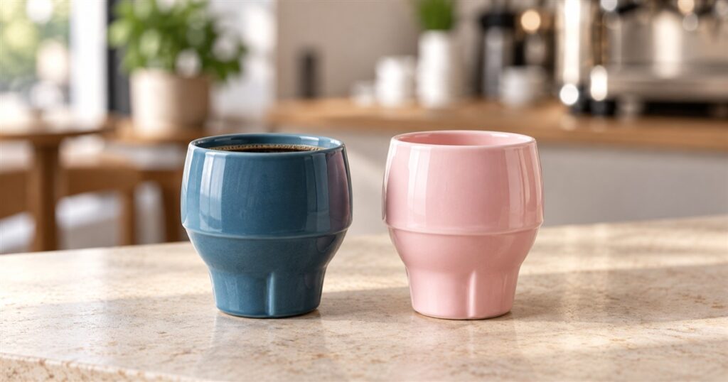 Handleless porcelain coffee cups with sculpted bases