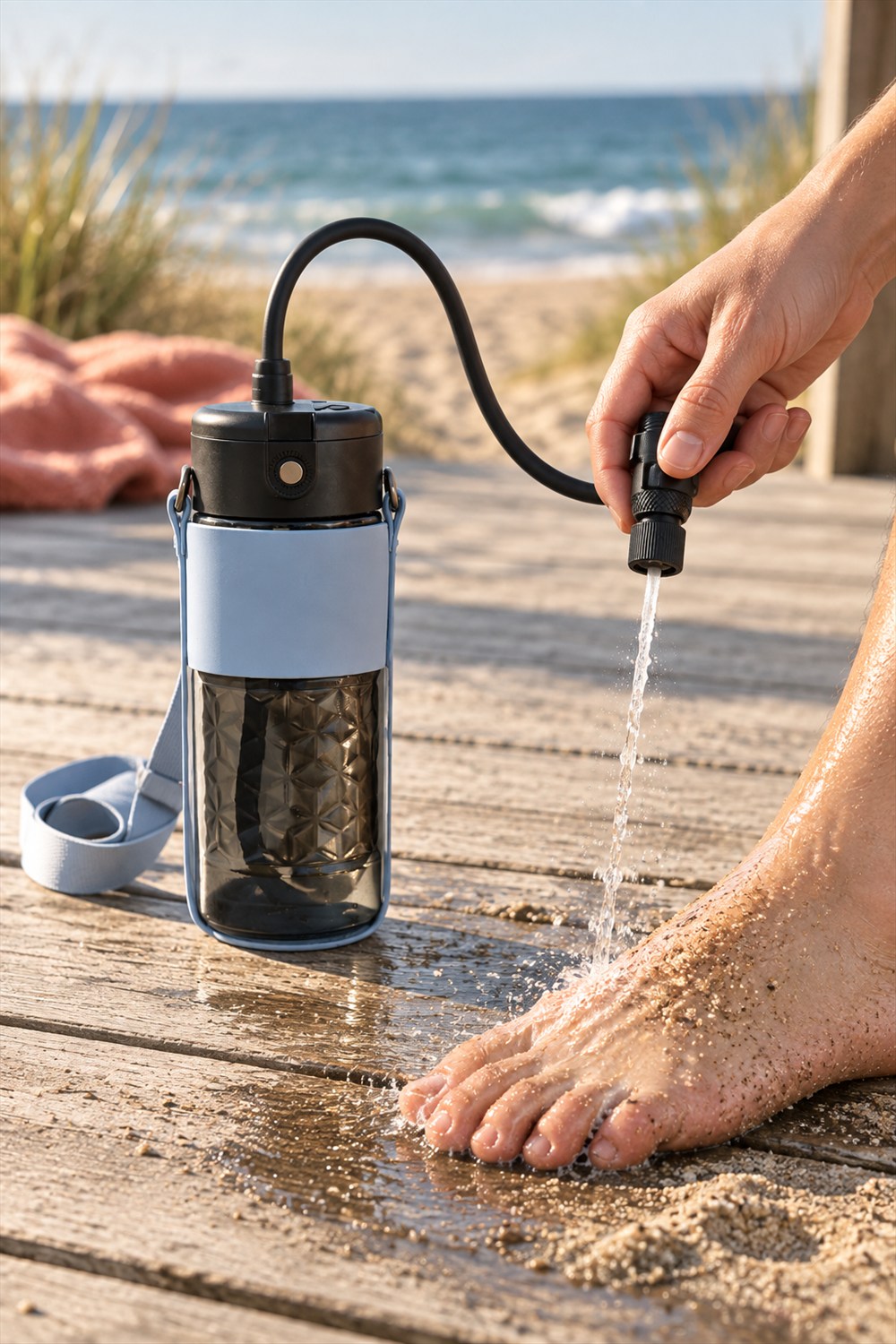 Portable pressure sprayer in a blue holster on a beach boardwalk, with a hand aiming its hose-mounted nozzle to rinse sand from a foot.