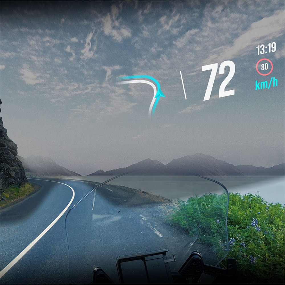Illustrated rider view of navigation and speed information