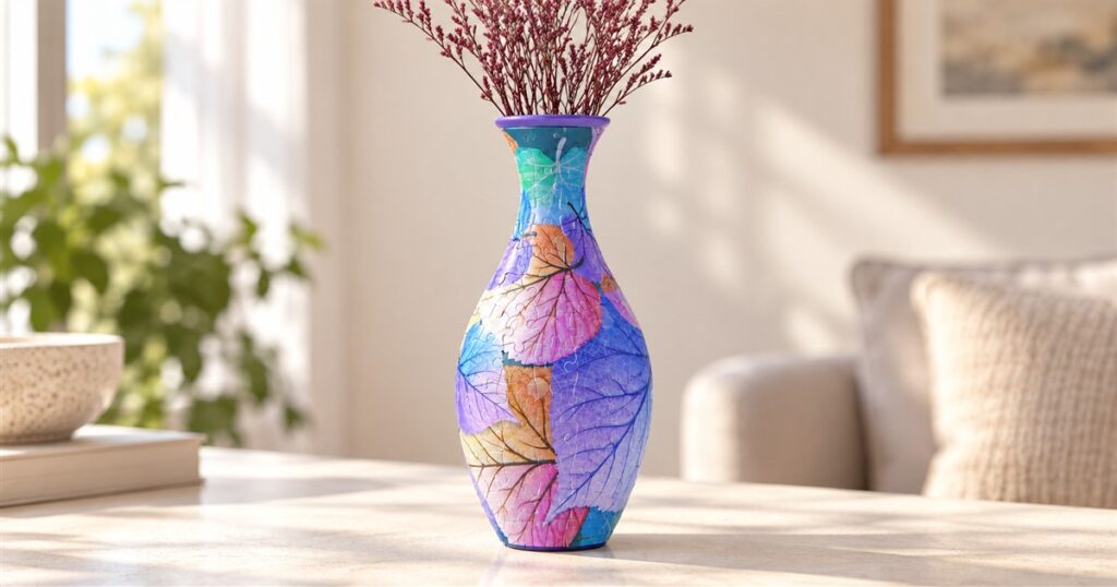 Colorful leaf-pattern puzzle flower vase with visible jigsaw seams