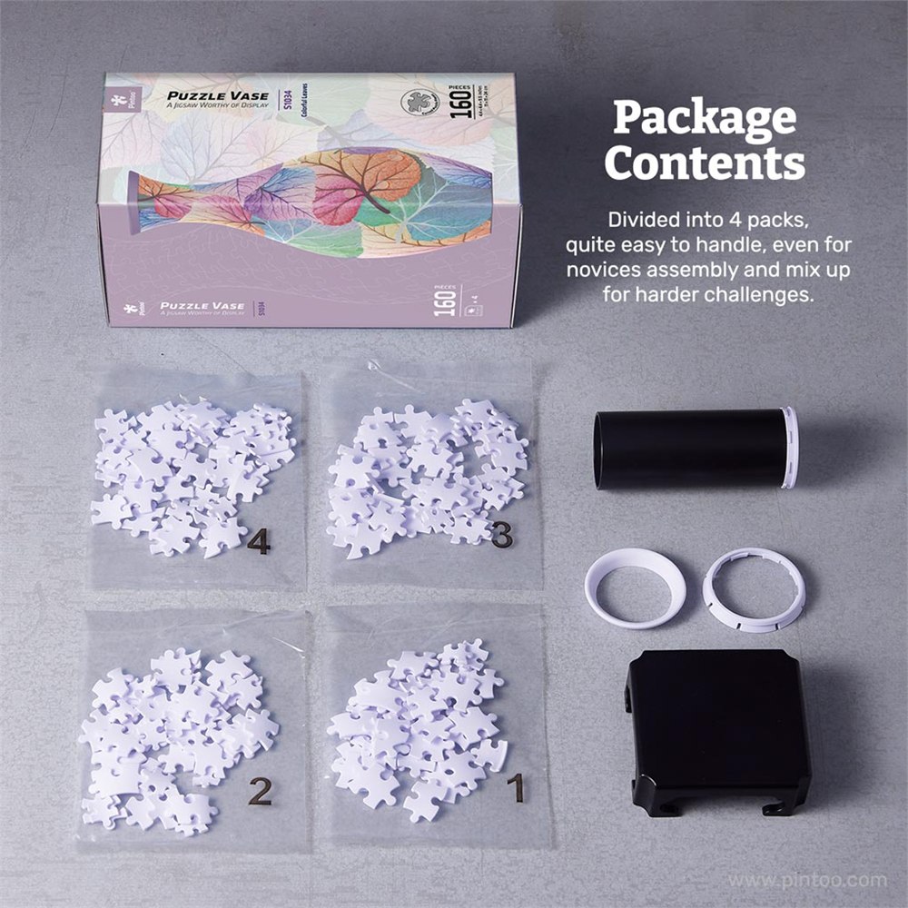 Puzzle vase kit with four bags of pieces, water cup, rings and stand