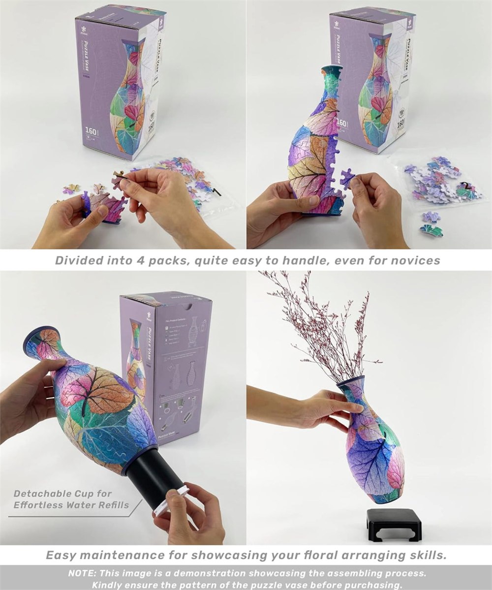 Assembly and removable water cup shown for the curved puzzle vase