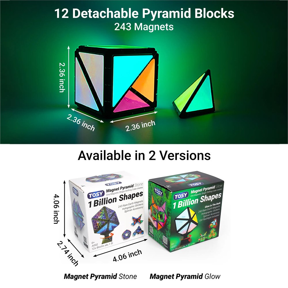 Manufacturer comparison of twelve magnetic pyramid blocks and Stone and Glow versions