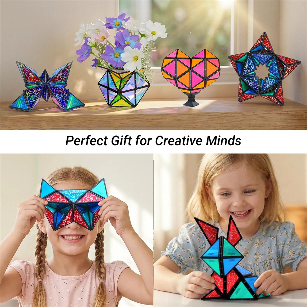 Colorful magnetic pyramid constructions displayed and held by children