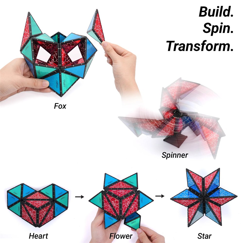 Magnetic pyramid blocks rearranged into fox, heart, flower and star shapes