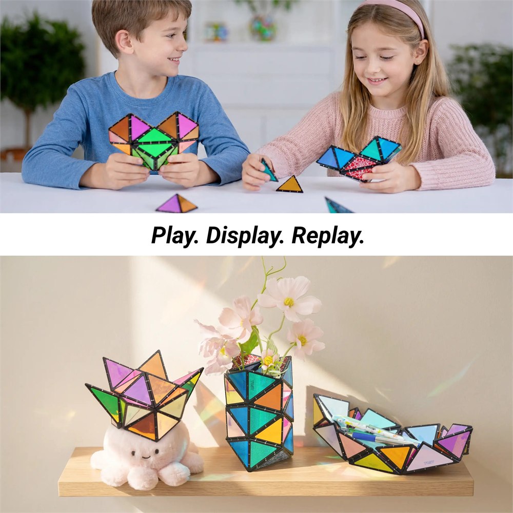 TOSY magnetic pyramid creations used for tabletop play and display