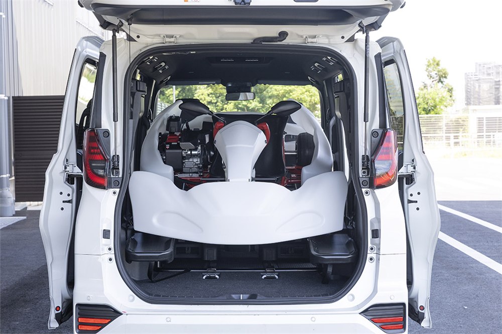 GR KART secured inside a Toyota Noah minivan