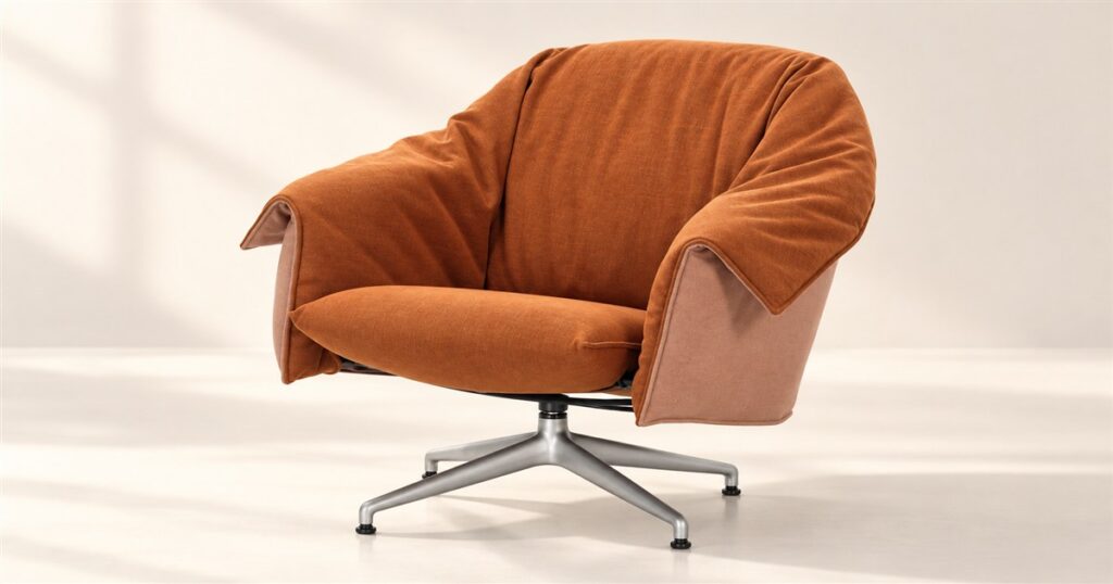 Orange reclining lounge chair with draped upholstery and aluminum base