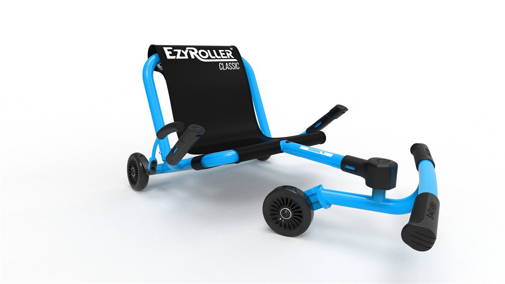 Blue EzyRoller Classic ride-on with a black fabric seat and front foot bar