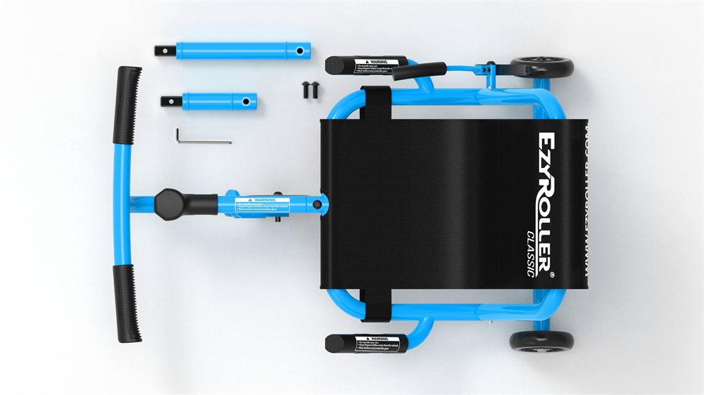 EzyRoller Classic parts with two blue frame extensions and assembly tool