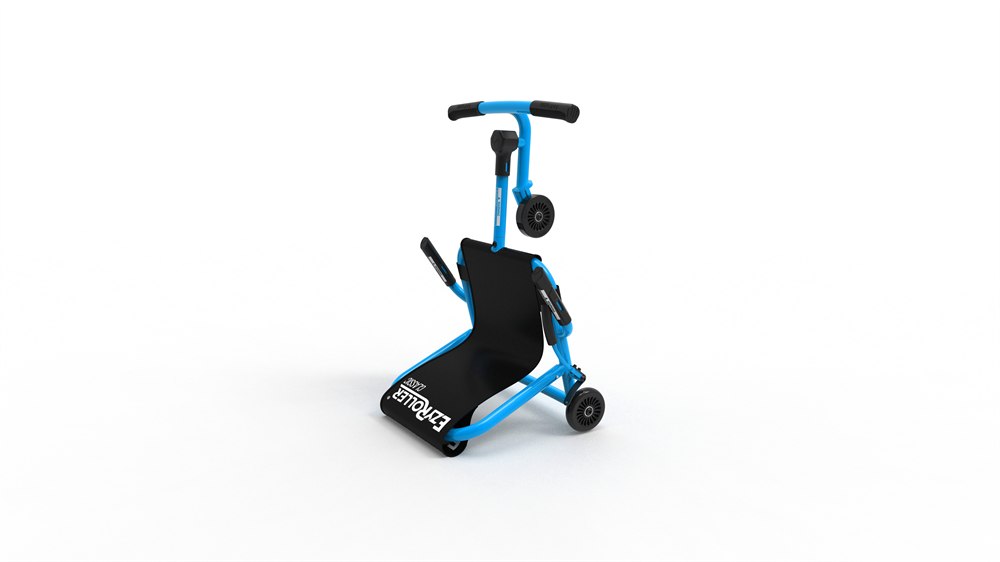 Blue EzyRoller Classic shown standing upright for storage