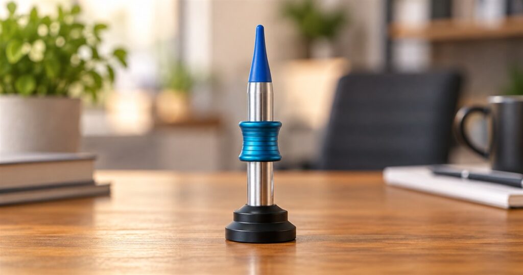 Blue MEZMODROP mechanical ring launcher desk toy
