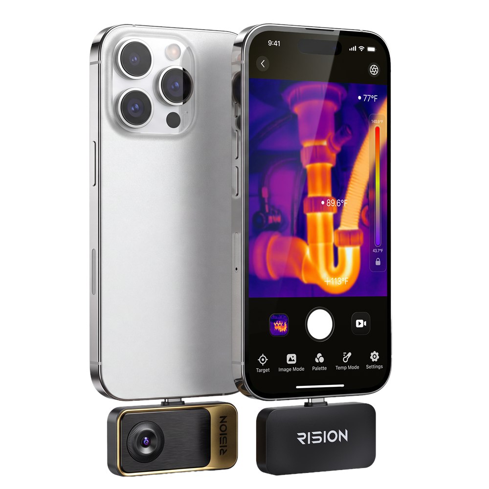 RISION Magic thermal camera plugged into a smartphone showing a thermal view of plumbing