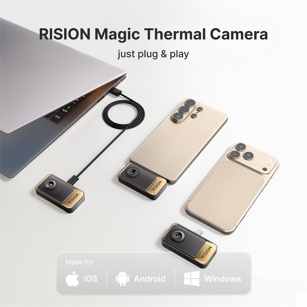 RISION Magic thermal camera shown connecting to iOS Android and Windows devices
