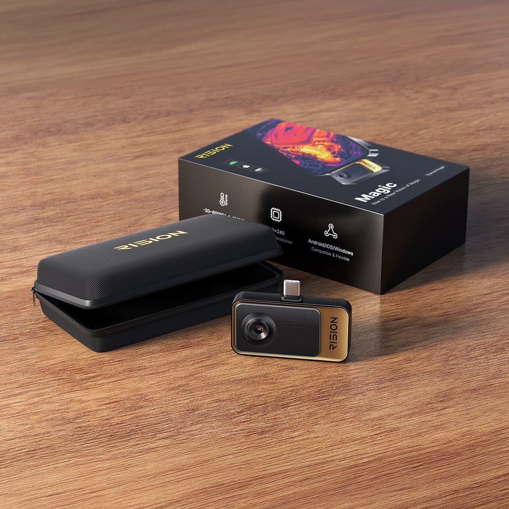 RISION Magic thermal camera app interface controls shown on a product graphic