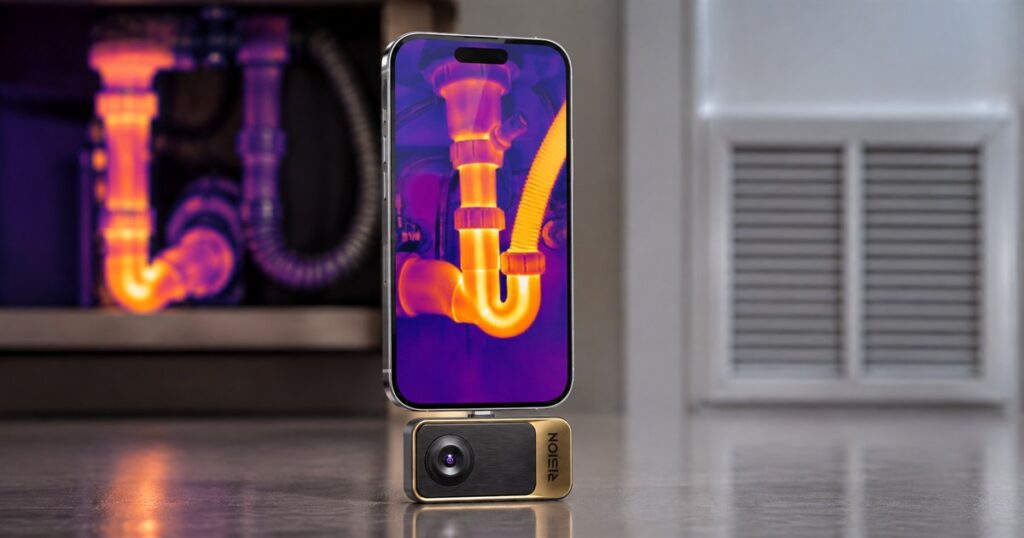 RISION Magic smartphone thermal camera plugged into a phone for home inspection