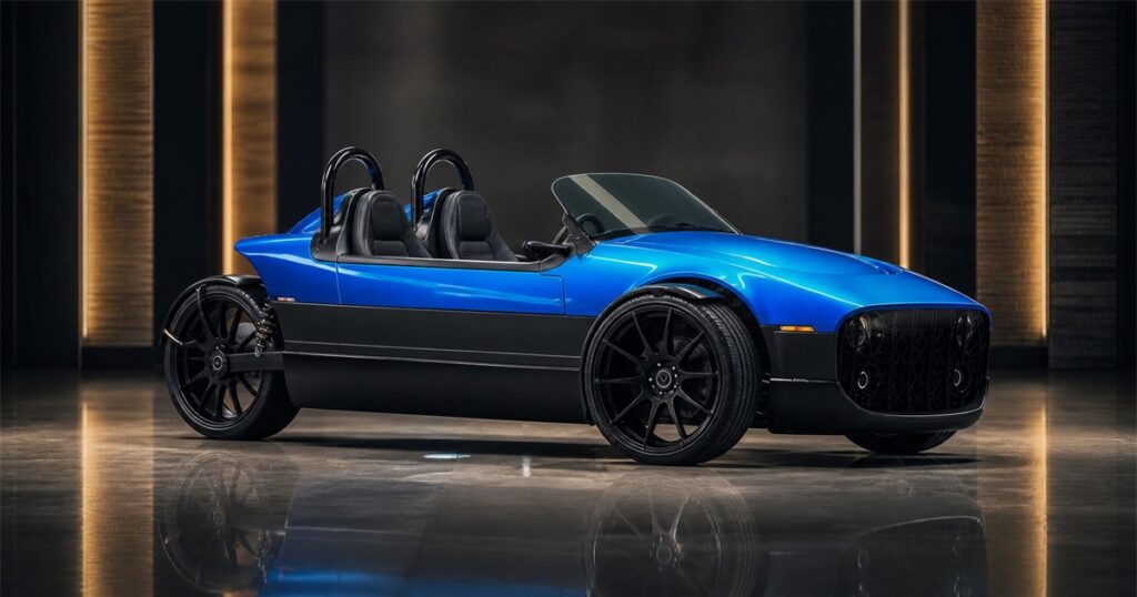 Vanderhall Santarosa Launch Edition blue electric three-wheel autocycle in a studio