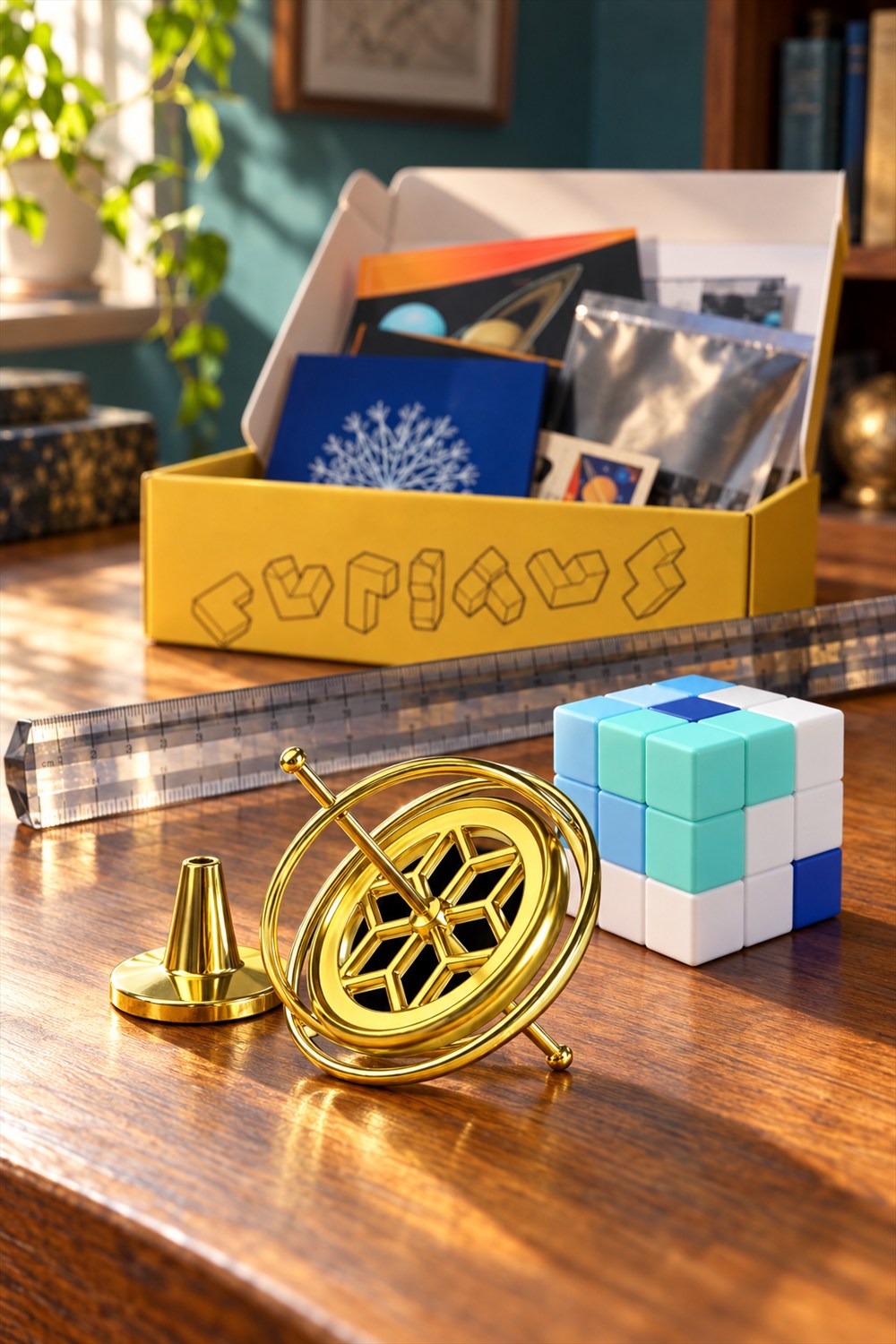 Gold gyroscope and pedestal beside a blue Soma Cube and transparent ruler on a sunlit wooden desk, with an open yellow Curiosity Box behind them.