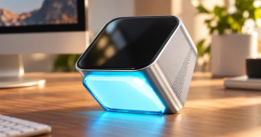 Editorial illustration of the silver Violoop assistant on a desktop