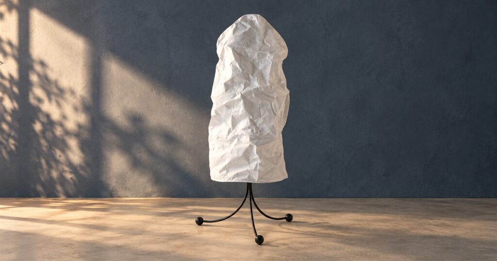 Sculptural white scrunchable floor lamp on three curved black steel legs