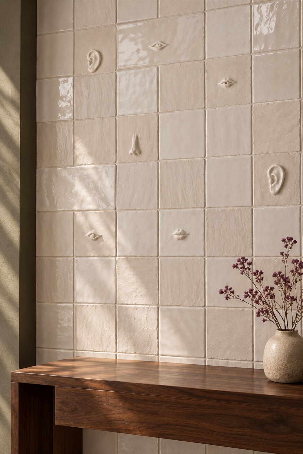Chalk-colored porcelain wall tiles with raised ears, eyes, a nose and mouths above a walnut console and vase of dried flowers.