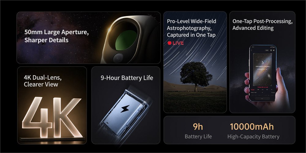 Seestar S50 Pro feature graphic showing the smart telescope performance upgrades