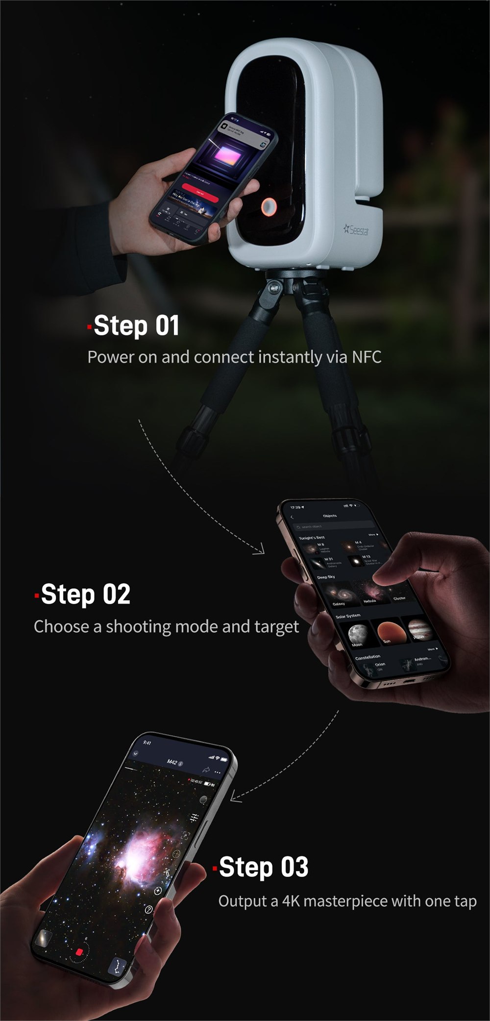 Seestar S50 Pro app-guided setup and three-step smart telescope use