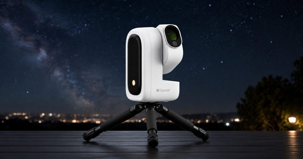 ZWO Seestar S50 Pro smart telescope on a stargazing patio
