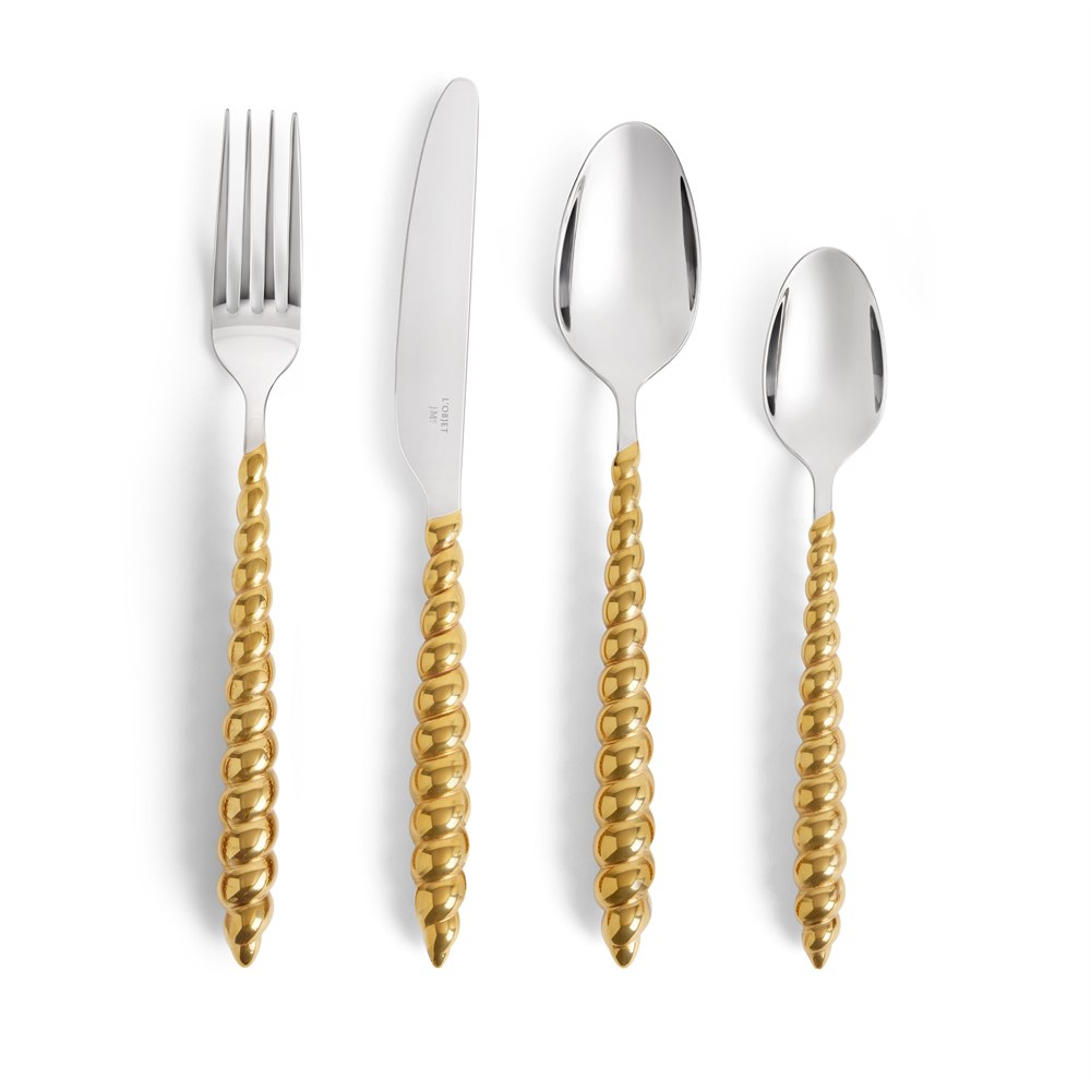 Four-piece flatware set with gold shell handles and silver utensil heads