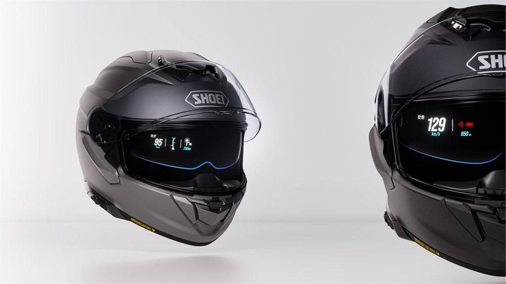 Two Shoei EyeLights HUD helmet views