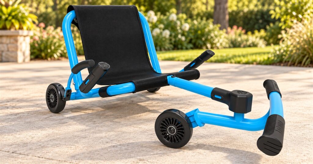 Editorial illustration of a blue side-to-side ride-on on a patio