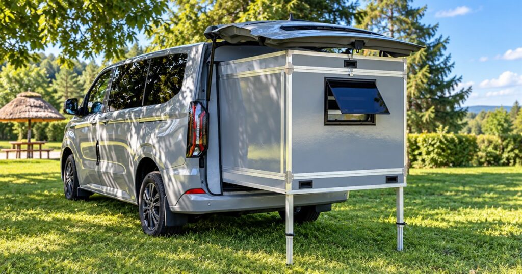 Ebicos Happy Dreamer slide-out camper pod extended from a van